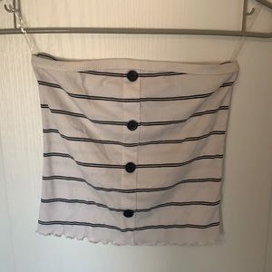 White with black stripes, crop top, no straps, bottoms down the middle